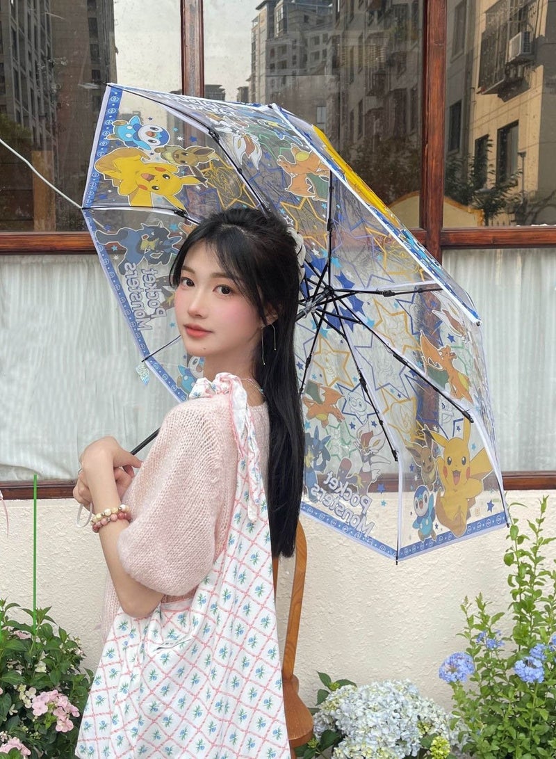 مظلة أوتوماتيكية شفافة بنمط بيكاتشو بتصميم كرتوني، مظلة ثلاثية الطي، مظلة قابلة للطي، مظلة للأطفال للجنسين - Image 3